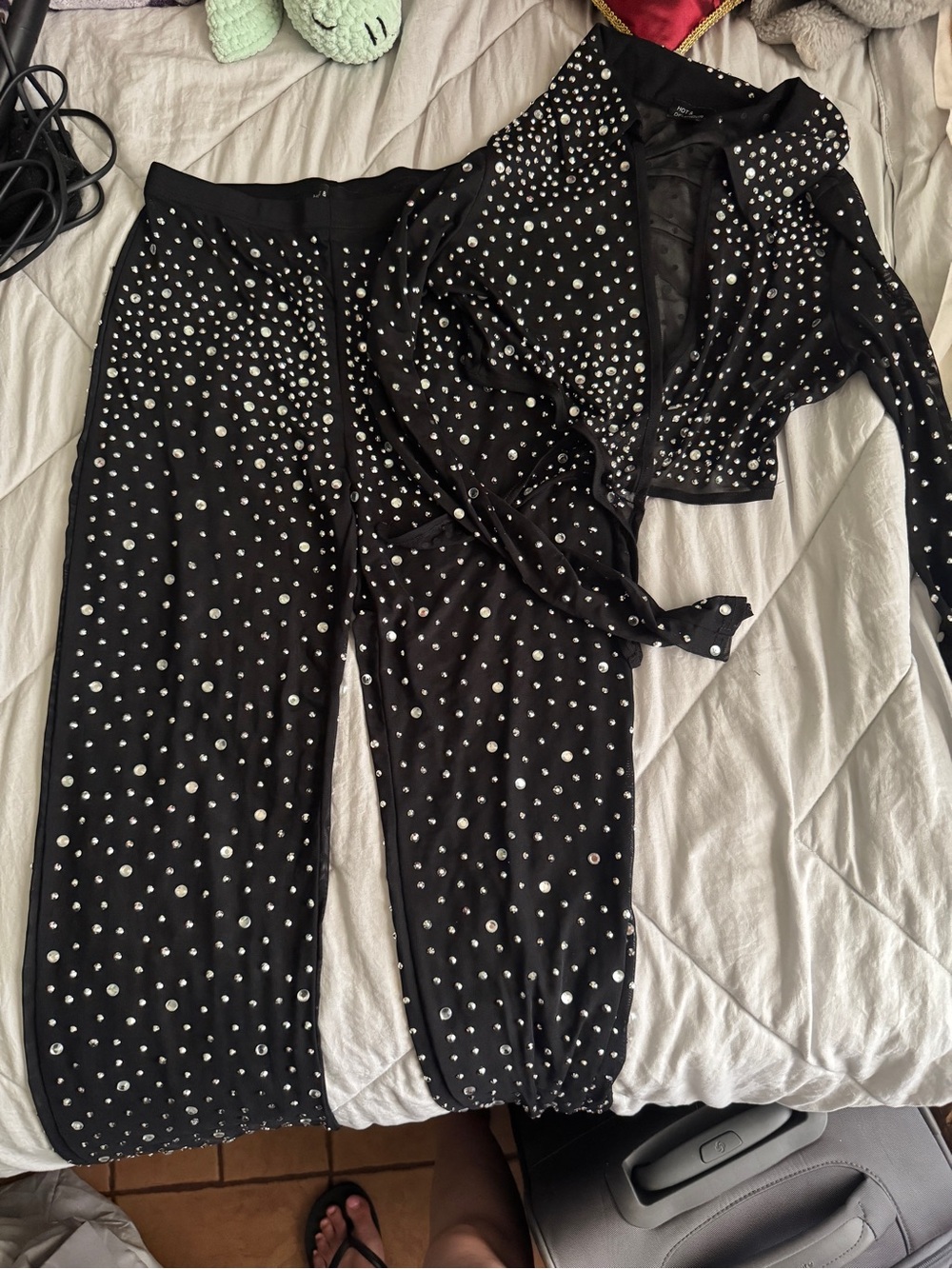 Black Rhinestone-Studded Joggers with Matching Tie-Front Jacket